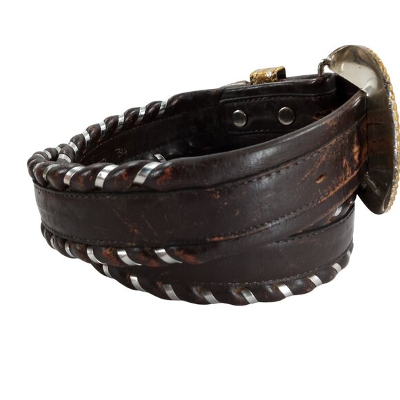 Vintage Fisher Brown Leather Backstitch Gold Silver Buckle Belt Size 34 Western - Picture 5 of 8